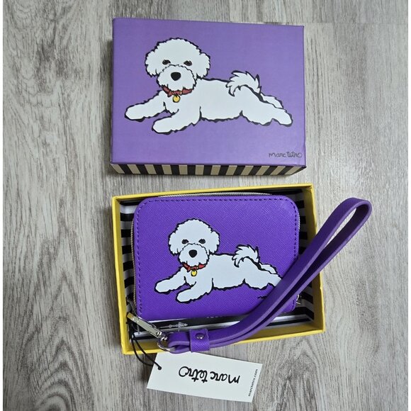 Marc Tetro Bichon Frise White Puppy Dog Violet Wristlet Zip Around Wallet NWT - Picture 1 of 7